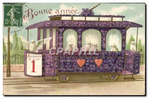 Cartes postales Fantaisie Fleurs Tramway Colombes Bonne annee