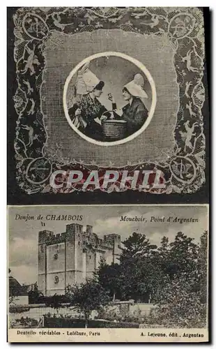 Cartes postales Folklore Dentelle Dentelliere Donjon de Chambois Mouchoir Point d'Argentan