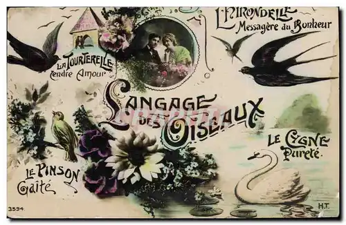 Cartes postales Fantaisie Langage des oiseaux Cygne Tourterelle Hirondelle Pinson