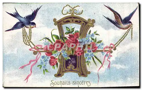 Cartes postales Fantaisie Fleurs Hirondelles