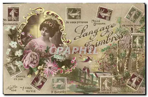 Cartes postales Fantaisie Le langage des timbres Semeuse Femme