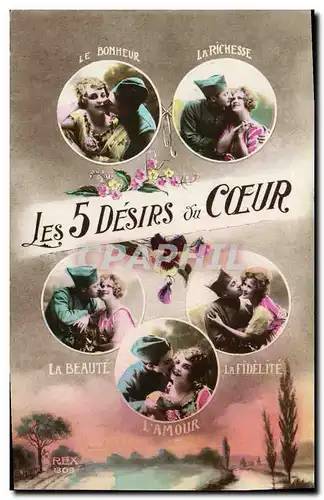 Cartes postales Fantaisie Les 5 desirs du coeur Soldat Militaria