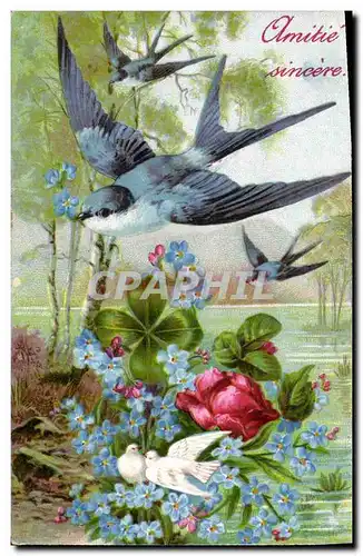 Cartes postales Fantaisie Fleurs Hirondelle Colombes