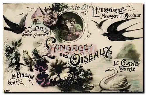 Cartes postales Fantaisie Le langage des oiseaux Cygne Hirondelle Pinson