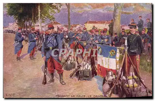 Cartes postales Militaria Pendant la halte Le drapeau