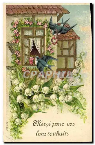 Cartes postales Fantaisie Fleurs Muguet Hirondelles