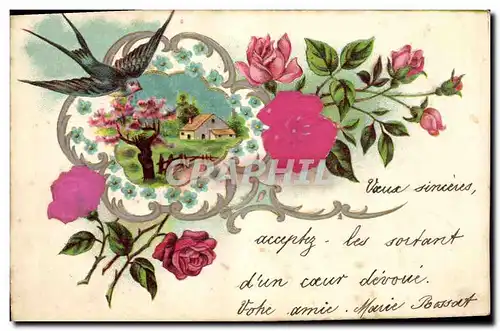 Cartes postales Fantaisie Fleurs Hirondelle