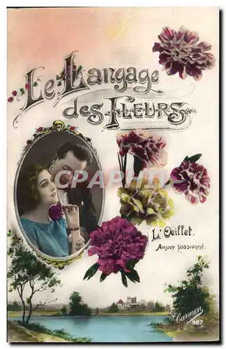 Ansichtskarte AK Fantaisie Le langage des Fleurs Femme Oeillet