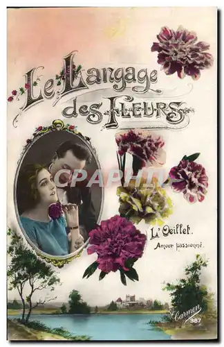 Cartes postales Fantaisie Le langage des Fleurs Femme Oeillet