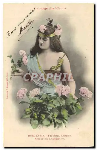 Ansichtskarte AK Fantaisie Le langage des Fleurs Hortensia Froideur Caprice Amour du changement