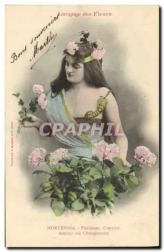 Cartes postales Fantaisie Le langage des Fleurs Hortensia Froideur Caprice Amour du changement