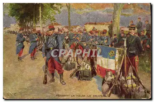 Cartes postales Militaria Pendant la halte Le drapeau