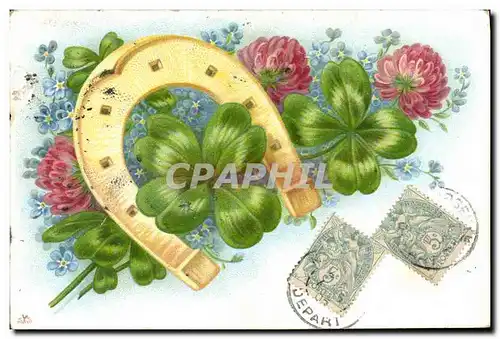 Cartes postales Fantaisie Fleurs Fer a cheval Trefle