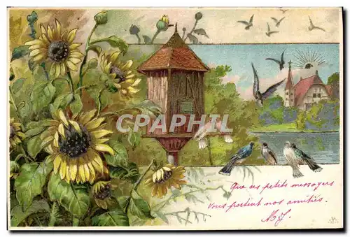 Cartes postales Fantaisie Fleurs Oiseaux Colombes