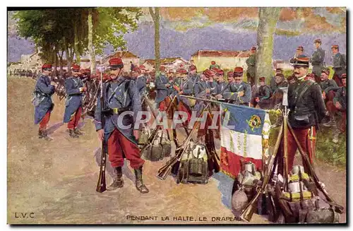 Cartes postales Militaria Pendant la halte Le drapeau