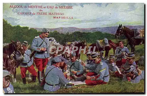 Ansichtskarte AK Militaria Une bonne partie Jeu de cartes Publicite Alcool de menthe et eau de melisse Carmes du