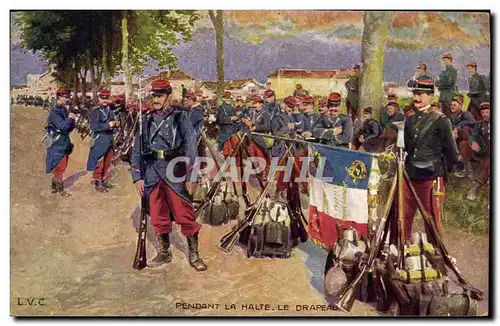 Cartes postales Militaria Pendant la halte Le drapeau