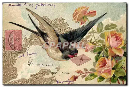 Cartes postales Fantaisie Fleurs Oiseau Hirondelle