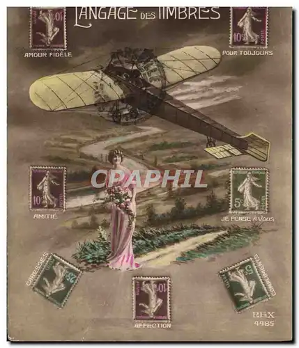 Cartes postales Fantaisie Langage des timbres Fmme Avion Aviation Semeuse