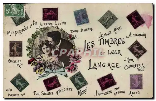 Ansichtskarte AK Fantaisie Le timbres et leur Langage Semeuse 5c 10c