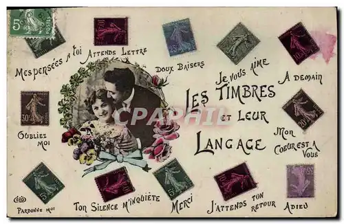 Cartes postales Fantaisie Le timbres et leur Langage Semeuse 5c 10c