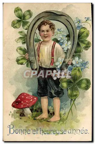Cartes postales Fantaisie Fleurs Enfant Trefle Fer a cheval