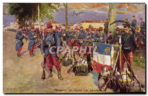 Cartes postales Militaria Pendant la halte le drapeau