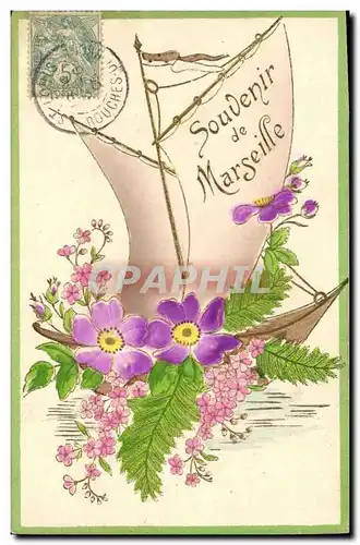 Cartes postales Fantaisie Fleurs Bateau Souvenir de Marseille