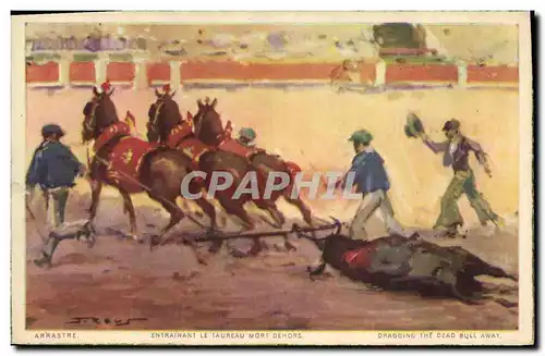 Cartes postales Corrida Course de taureaux Arrastre Entrainant le taureau mort dehors