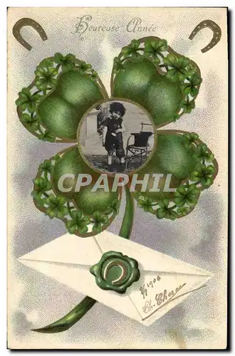 Cartes postales Fantaisie Fleurs Enfant Trefle Fer a cheval