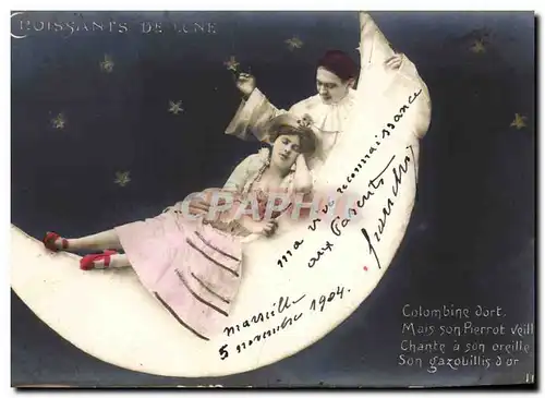 Cartes postales Fantaisie Pierrot Pierrots Croissants de lune