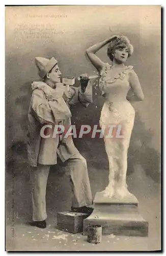 Ansichtskarte AK Fantaisie Pierrot sculpteur Pierrots