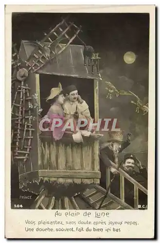 Cartes postales P�errot Pierrots Au clair de lune Moulin a vent