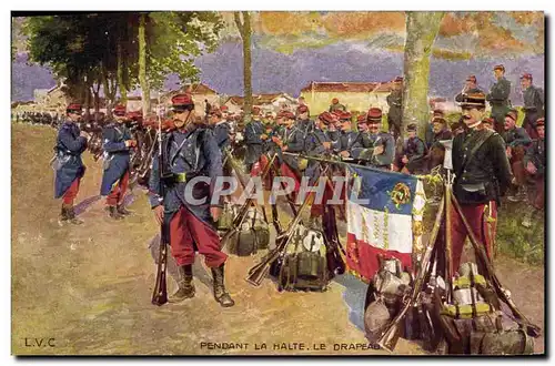 Cartes postales Militaria Pendant la halte Le drapeau