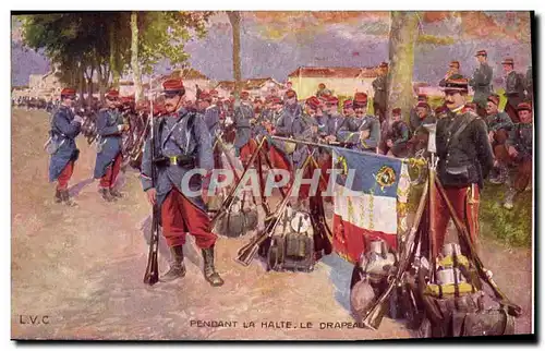 Cartes postales Militaria Pendant la halte Le drapeau
