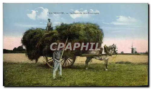 Cartes postales Folklore Paysans En Beauce La rentree des fourrages Cheval Moulin a vent