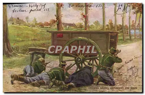 Cartes postales Militaria Lanciers belges defendant une route
