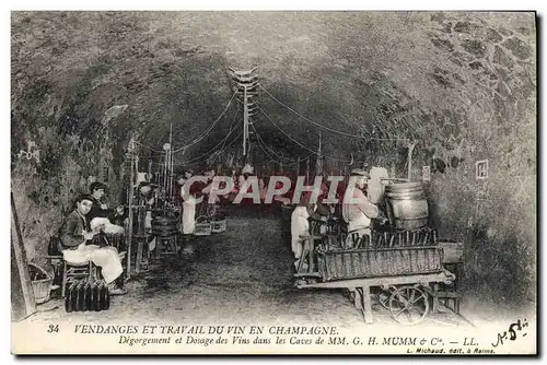 Cartes postales Folklore Vigne Vendanges Champagne Degorgement et dosage des vins dans les caves de GH Mumm & Ci