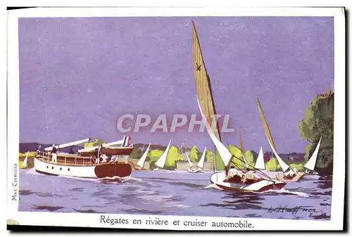 Ansichtskarte AK Fantaisie Illustrateur Haffner Bateau Regates en riviere et cruiser automobile