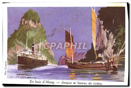 Ansichtskarte AK Fantaisie Illustrateur Haffner Bateau de Guerre en Baie d&#39Along Jonque et bateau de riviere