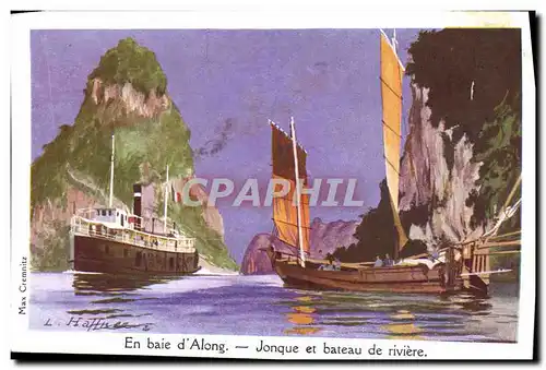 Cartes postales Fantaisie Illustrateur Haffner Bateau de Guerre en Baie d'Along Jonque et bateau de riviere
