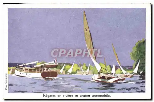 Ansichtskarte AK Fantaisie Illustrateur Haffner Bateau Regates en riviere et cruiser automobile