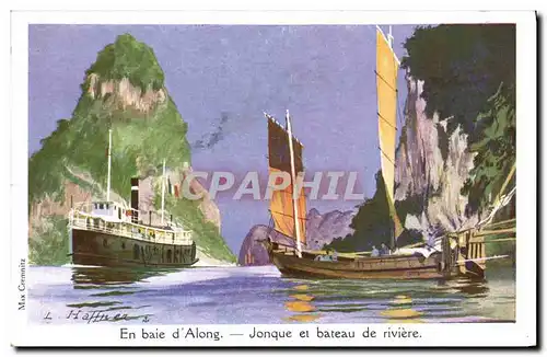 Ansichtskarte AK Fantaisie Illustrateur Haffner Bateau de Guerre Jonque et bateau de riviere