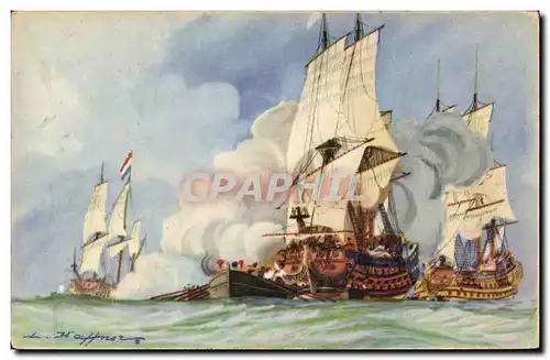 Cartes postales Fantaisie Illustrateur Haffner Bateau de Guerre Debut de la bataille de Beveziers