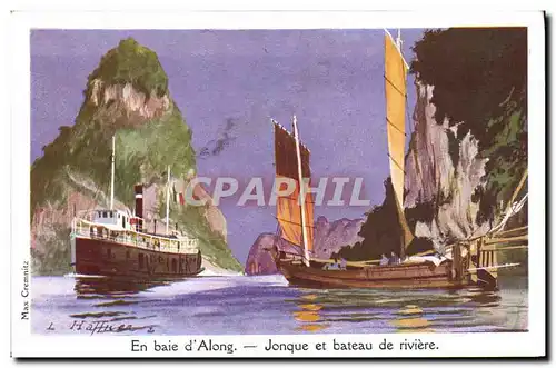 Cartes postales Fantaisie Illustrateur Haffner Bateau de Guerre En Baie d'Along Jonquet et bateau de riviere