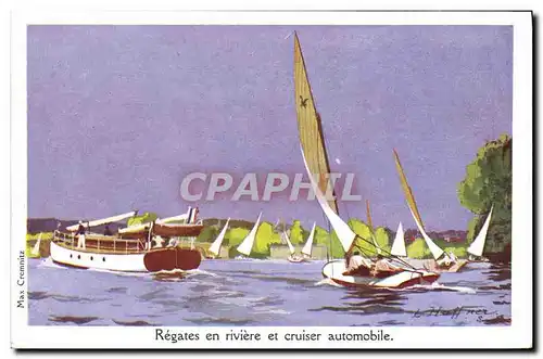 Ansichtskarte AK Fantaisie Illustrateur Haffner Bateau Regates en riviere et cruiser automobile