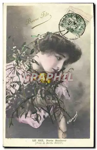 Cartes postales Fantaisie Fleurs Femme Le gui Porte bonheur Berthe Body