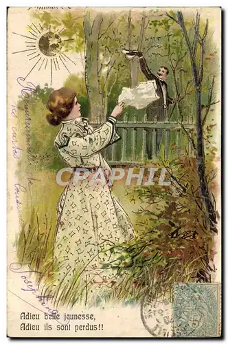 Cartes postales Fantaisie Fleurs Femme Soleil Adieu belle jeunesse