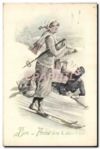 Ansichtskarte AK Fantaisie Illustrateur Femme Ski