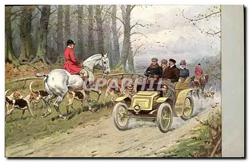 Ansichtskarte AK Fantaisie Illustrateur Cavalier Chiens Automobile Chasse